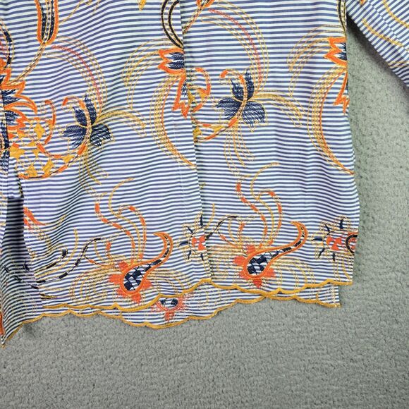 Peck & Peck Embroidered Striped Floral Shirt Small Cotton Boho Scallop Hem Blue - Picture 6 of 16